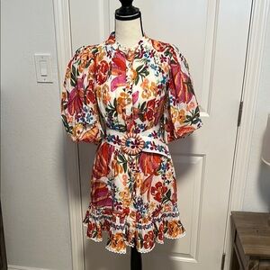 NWT - New FARM Rio - Floral Puff Sleeve Dress with Belt